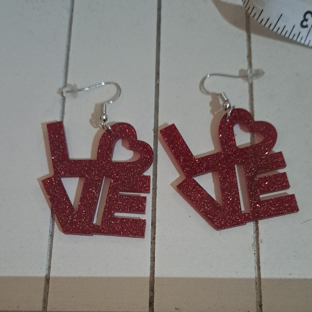Red Glitter Love Earrings